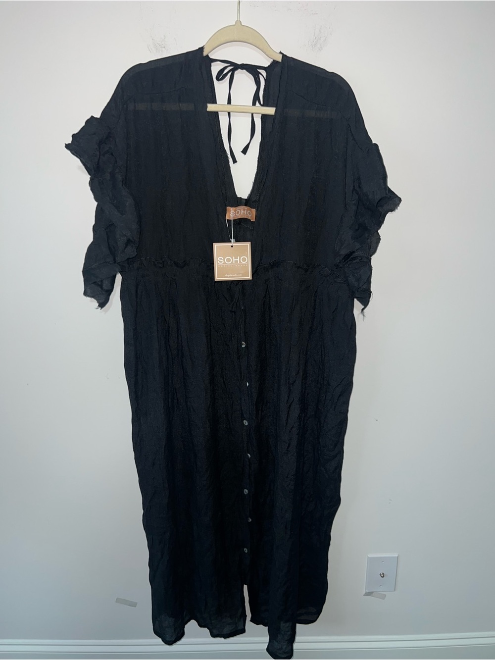 NWT SOHO Black Tie-Back Button Front Maxi Dress Swim Cover up Lightweight